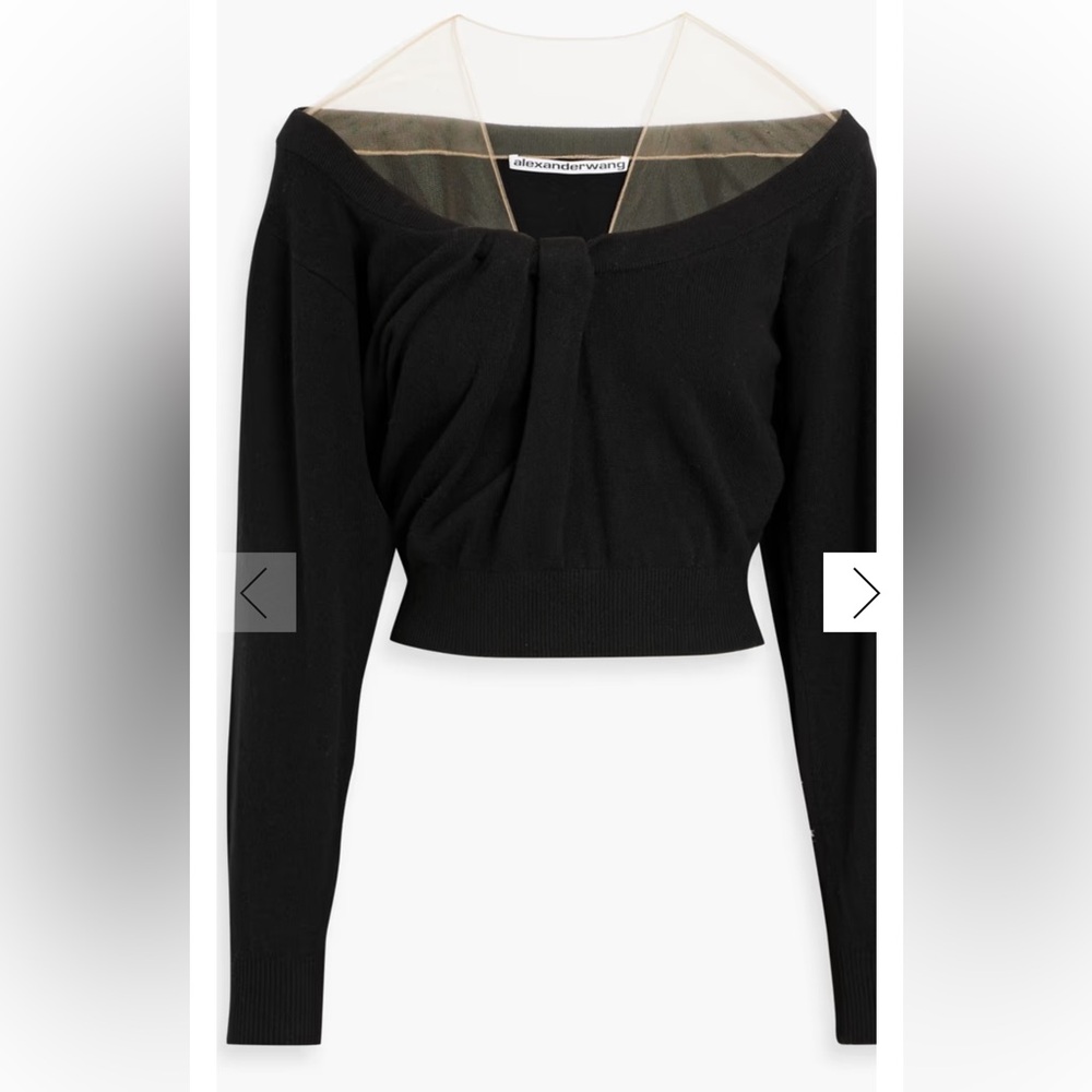 Alexander Wang Cropped Gathered Tulle-Panel Wool-Blend Sweater – Black – Small
